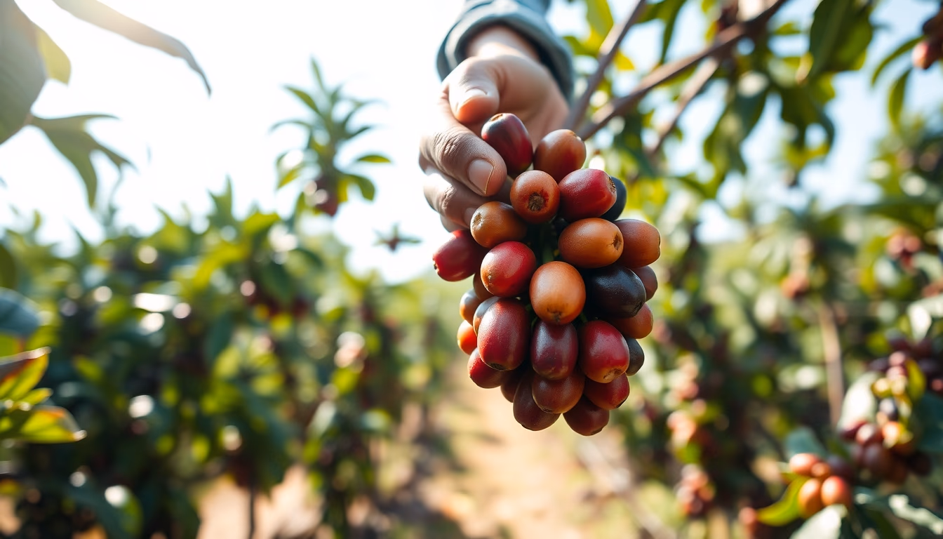 coffee plantation worker picking ripe coffee cherries by hand in editorial style