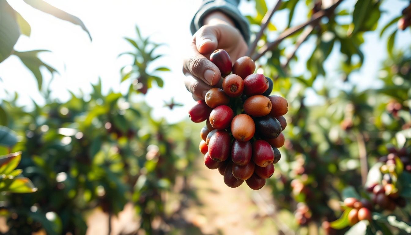 Coffee plantation worker picking ripe coffee cherries by hand em estilo editorial