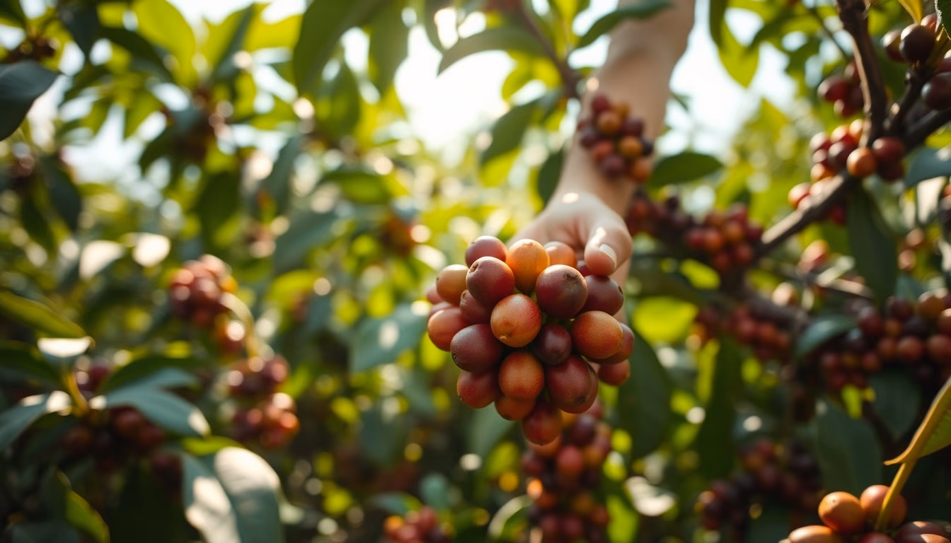 coffee plantation worker picking ripe coffee cherries by hand in editorial style