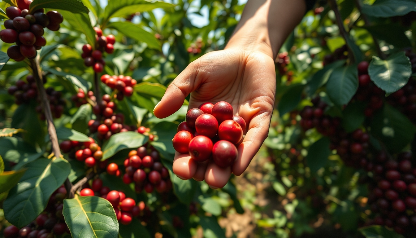 Coffee plantation worker picking ripe coffee cherries by hand em estilo editorial