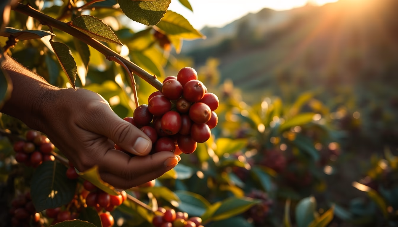coffee plantation worker picking ripe coffee cherries by hand in editorial style
