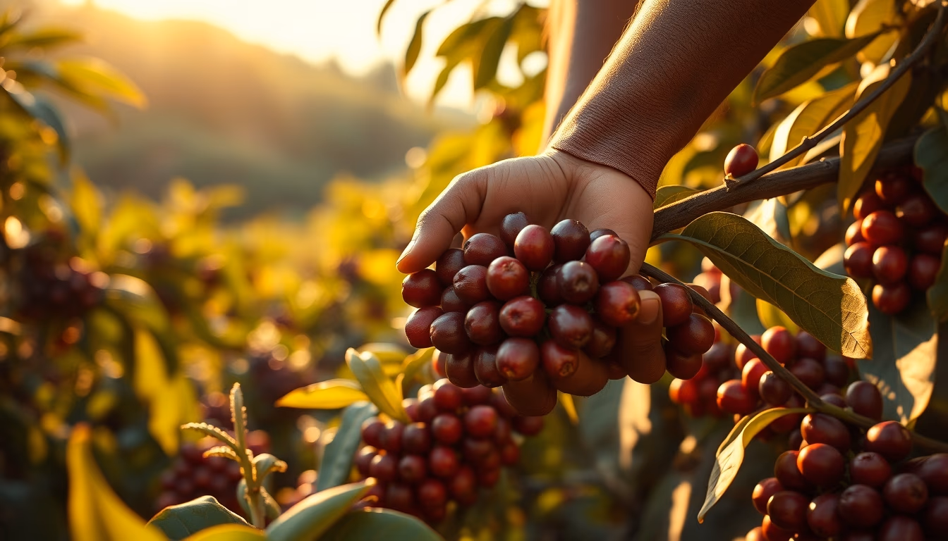 coffee plantation worker picking ripe coffee cherries by hand in editorial style