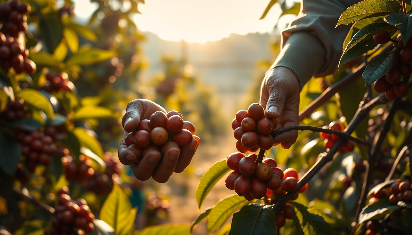 coffee plantation worker picking ripe coffee cherries by hand in editorial style
