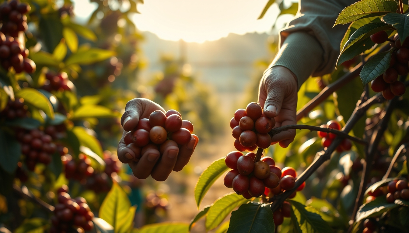 Coffee plantation worker picking ripe coffee cherries by hand em estilo editorial