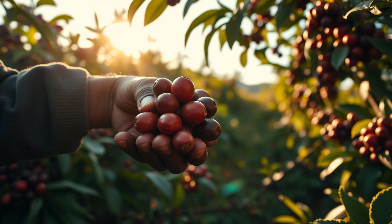 Coffee plantation worker picking ripe coffee cherries by hand em estilo editorial