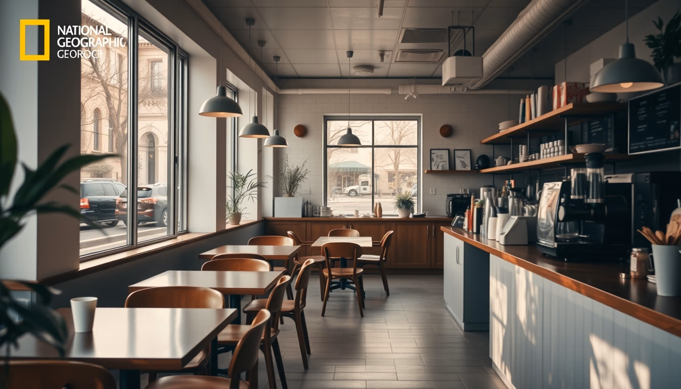 coffee shop empty morning in editorial style