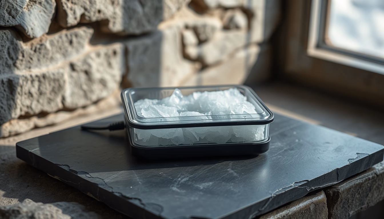 cold storage device on slate in editorial style