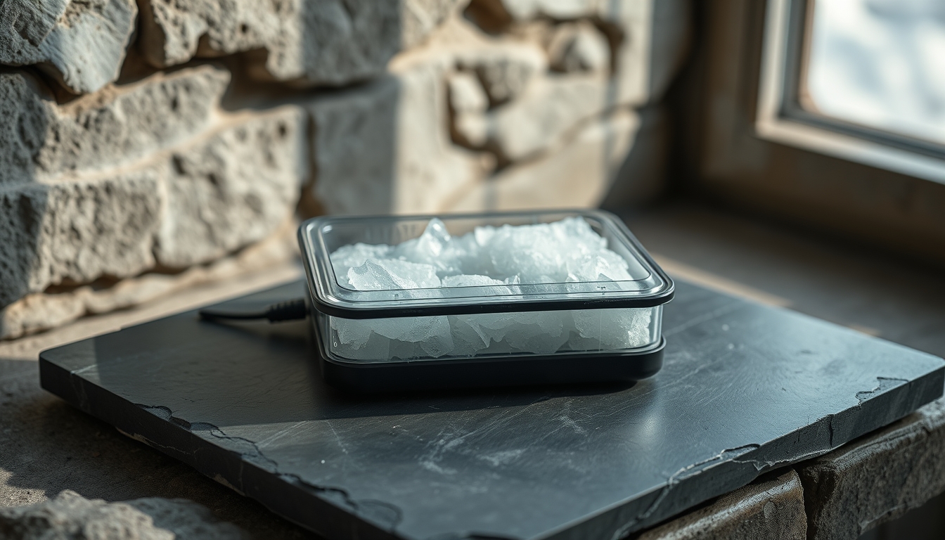cold storage device on slate in editorial style