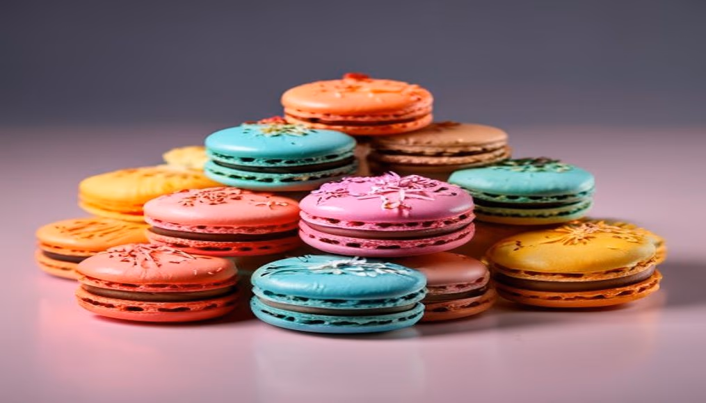colorful macarons assortment in editorial style