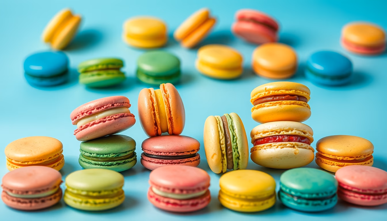 colorful macarons assortment in editorial style