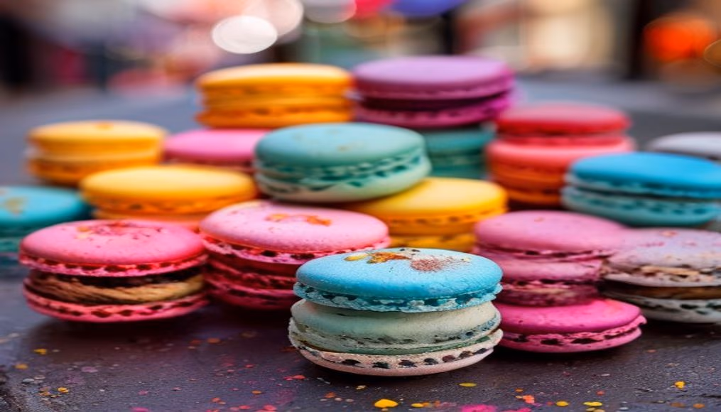 colorful macarons assortment in editorial style