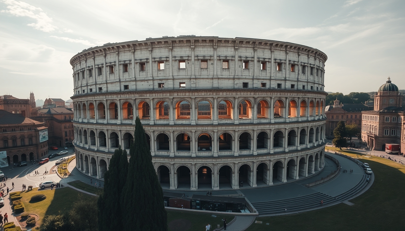 colosseum rome aerial drone in editorial style