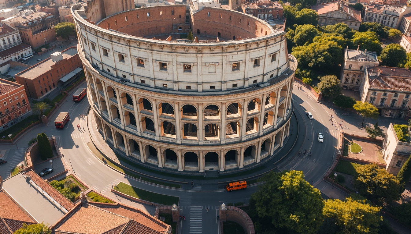 colosseum rome aerial drone in editorial style