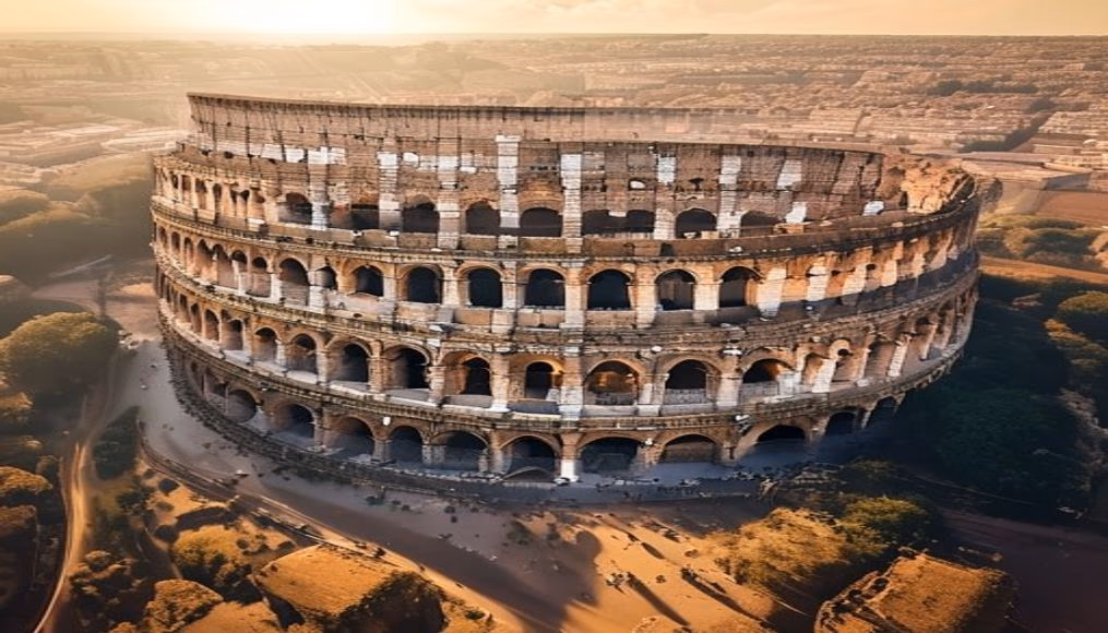 colosseum rome aerial drone in editorial style