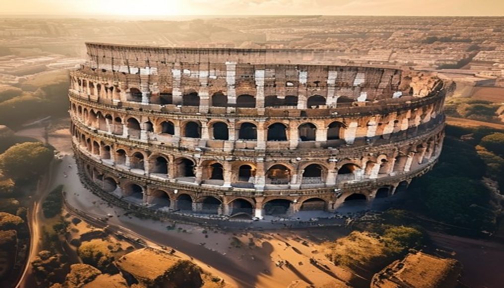 colosseum rome aerial drone in editorial style