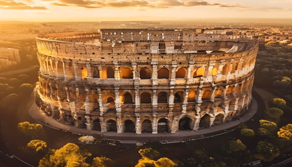 colosseum rome aerial drone in editorial style