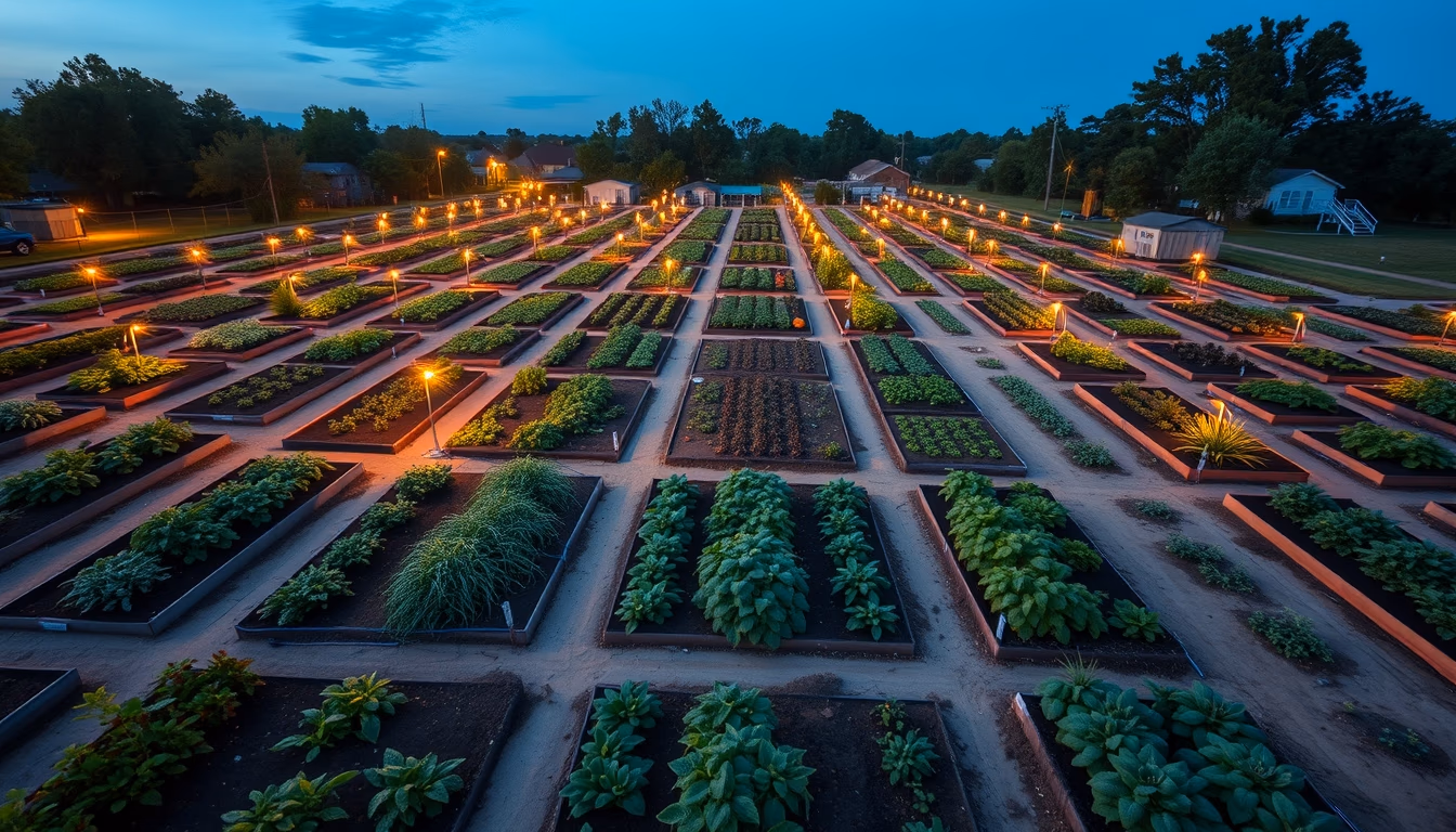 community garden plots in editorial style