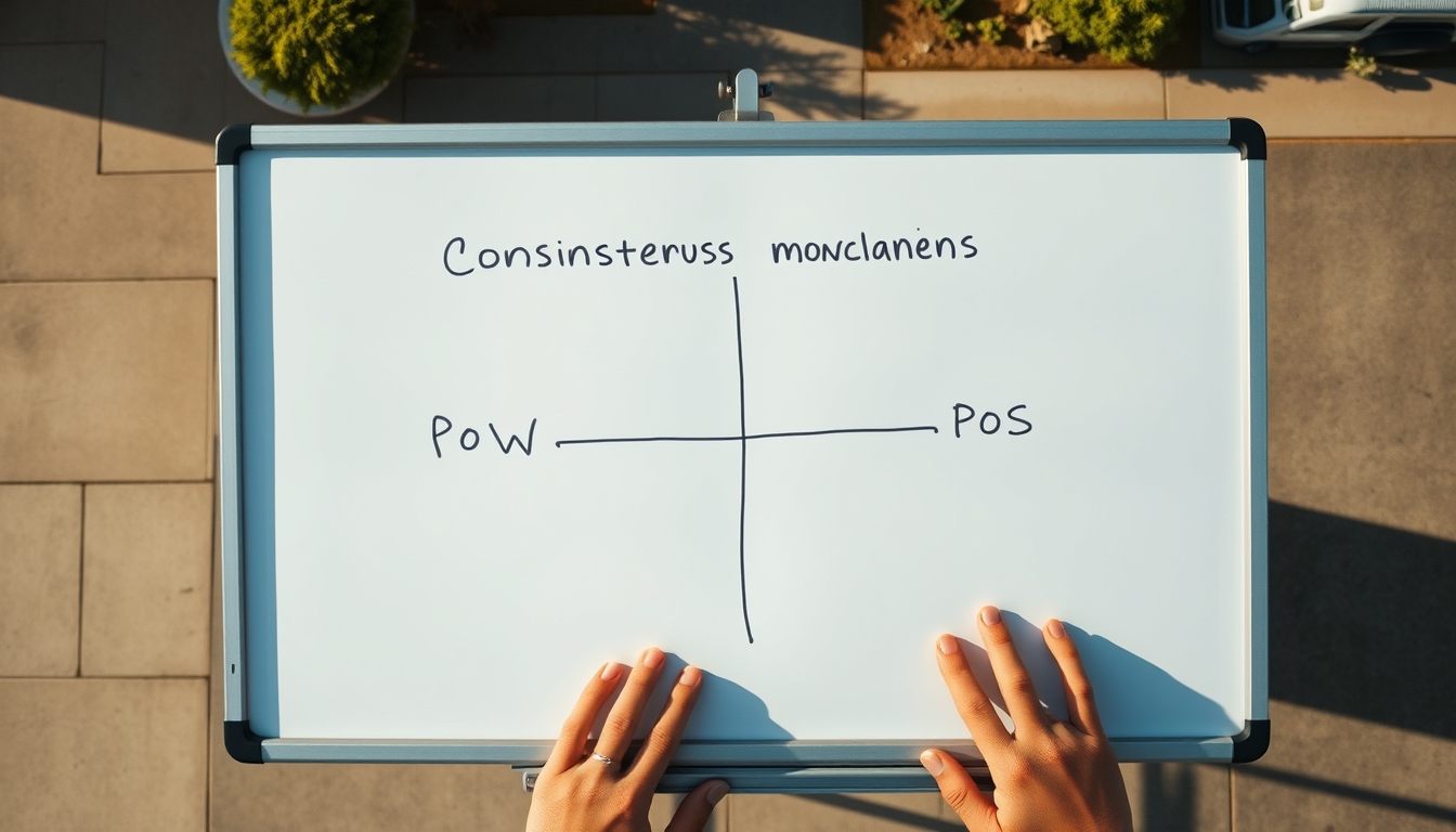 Diagrama de mecanismo de consenso em quadro branco mostrando PoW vs PoS em estilo editorial