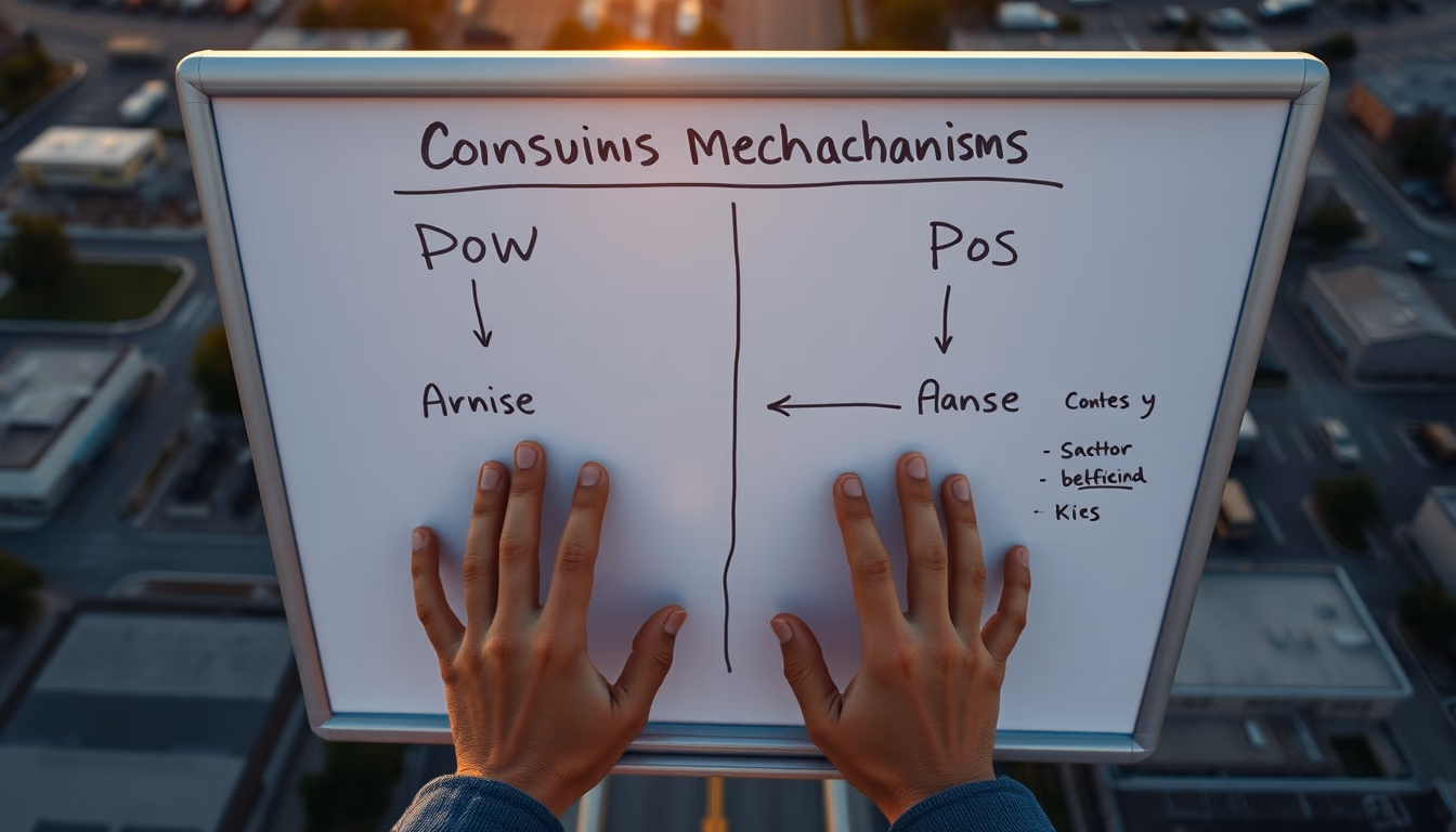 consensus mechanism diagram on whiteboard showing PoW vs PoS in editorial style