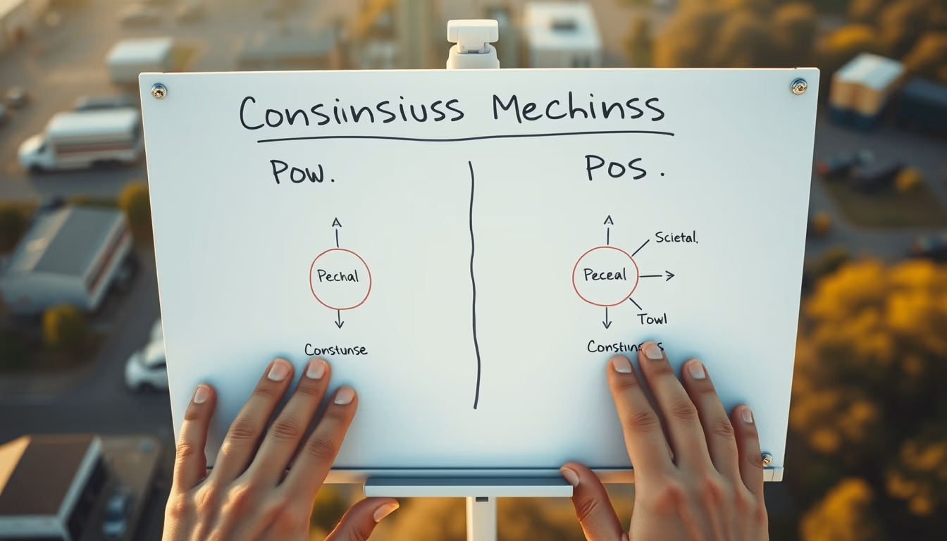 consensus mechanism diagram on whiteboard showing PoW vs PoS in editorial style