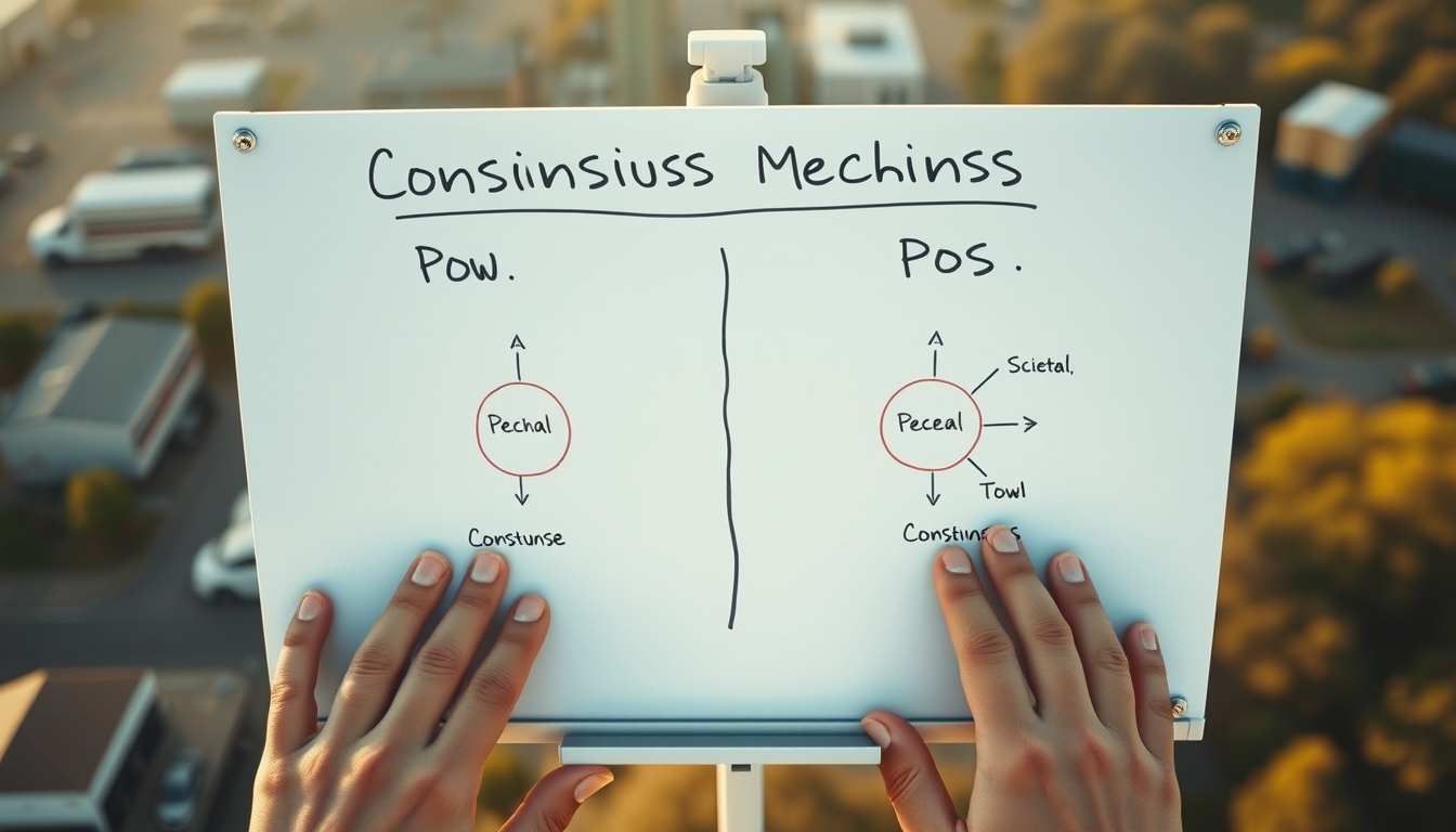 Diagrama de mecanismo de consenso em quadro branco mostrando PoW vs PoS em estilo editorial
