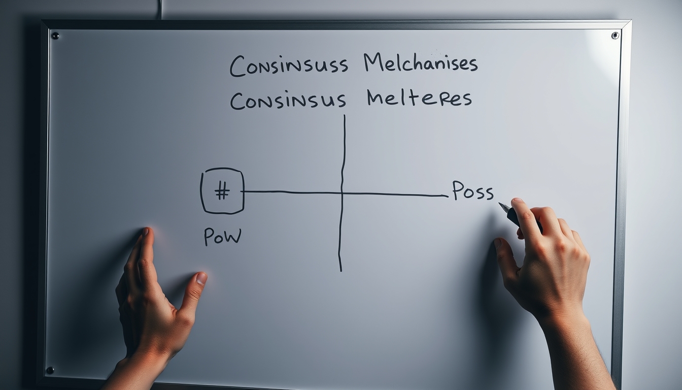 Diagrama de mecanismo de consenso em quadro branco mostrando PoW vs PoS em estilo editorial
