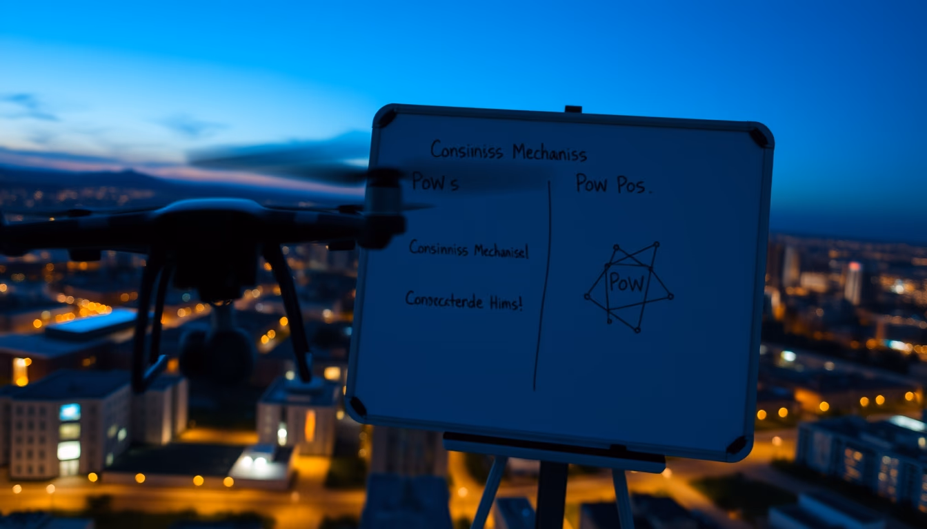 consensus mechanism diagram on whiteboard showing PoW vs PoS in editorial style