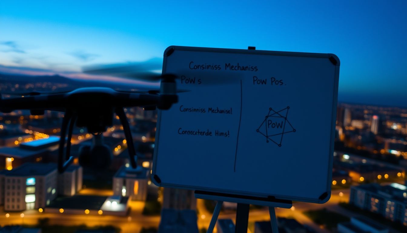 Diagrama de mecanismo de consenso em quadro branco mostrando PoW vs PoS em estilo editorial