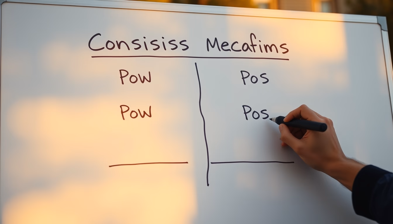 consensus mechanism diagram on whiteboard showing PoW vs PoS in editorial style