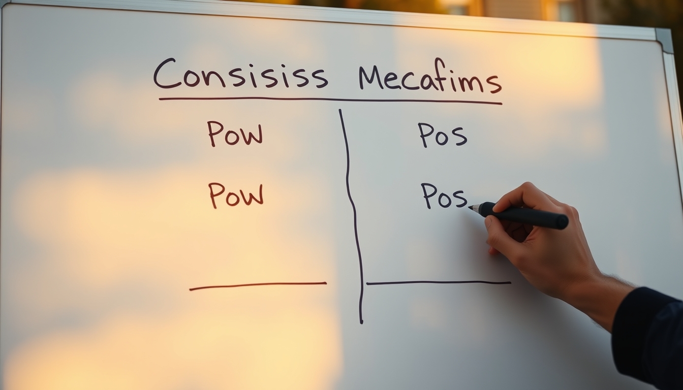 Diagrama de mecanismo de consenso em quadro branco mostrando PoW vs PoS em estilo editorial