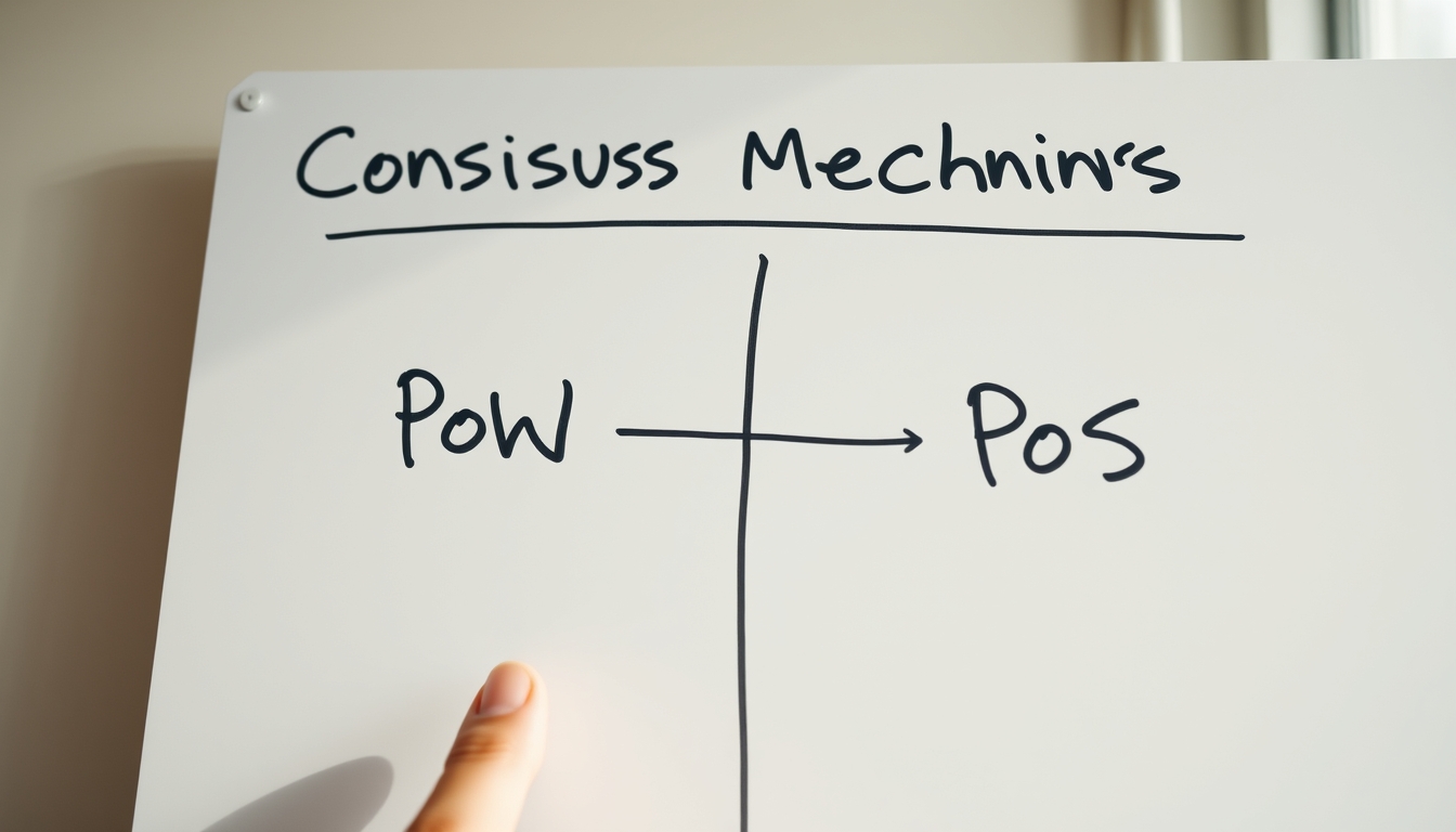 Diagrama de mecanismo de consenso em quadro branco mostrando PoW vs PoS em estilo editorial