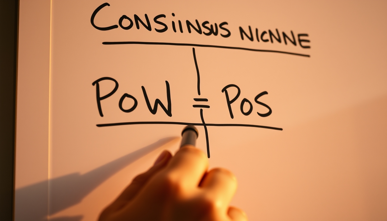 Diagrama de mecanismo de consenso em quadro branco mostrando PoW vs PoS em estilo editorial