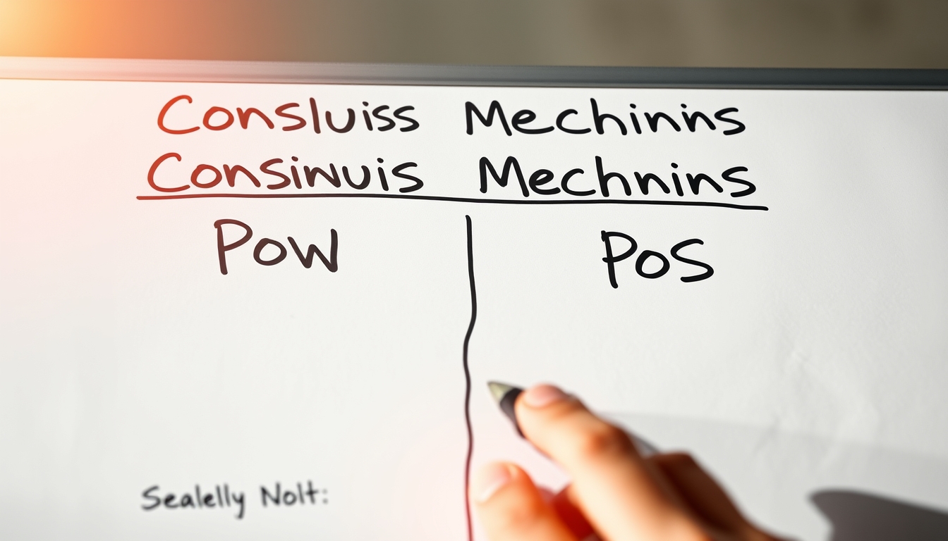 Diagrama de mecanismo de consenso em quadro branco mostrando PoW vs PoS em estilo editorial