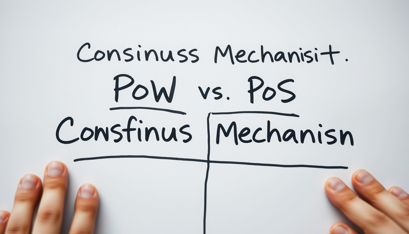 Diagrama de mecanismo de consenso em quadro branco mostrando PoW vs PoS em estilo editorial