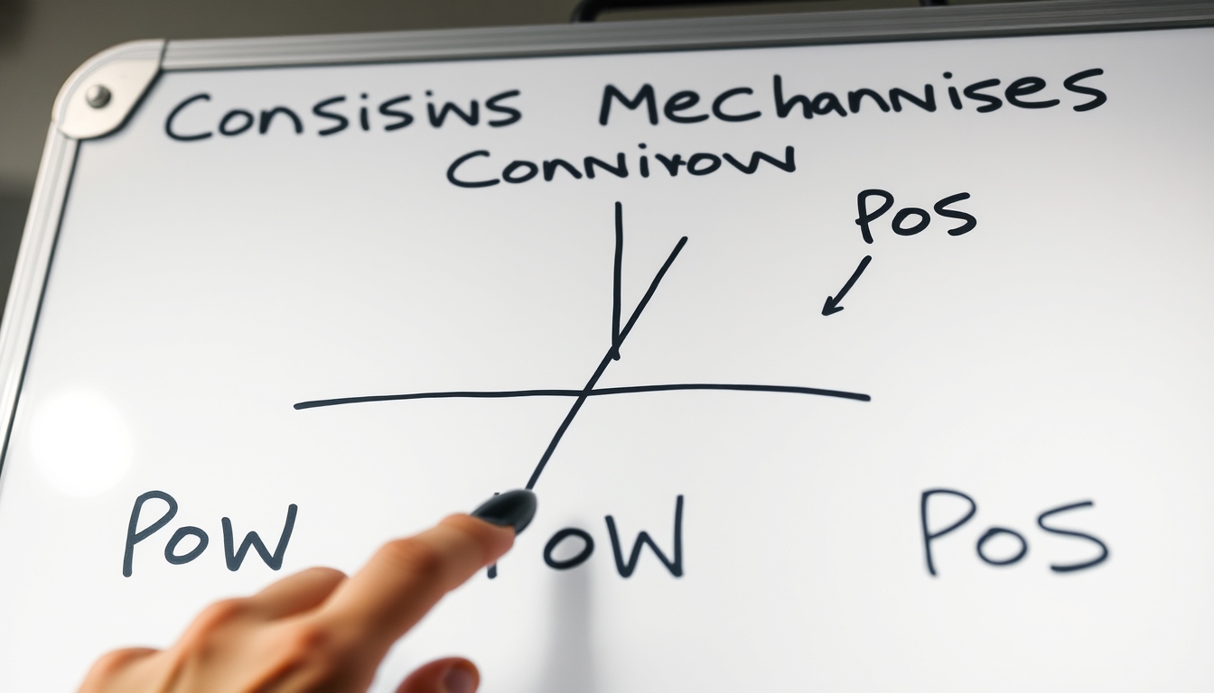 Diagrama de mecanismo de consenso em quadro branco mostrando PoW vs PoS em estilo editorial