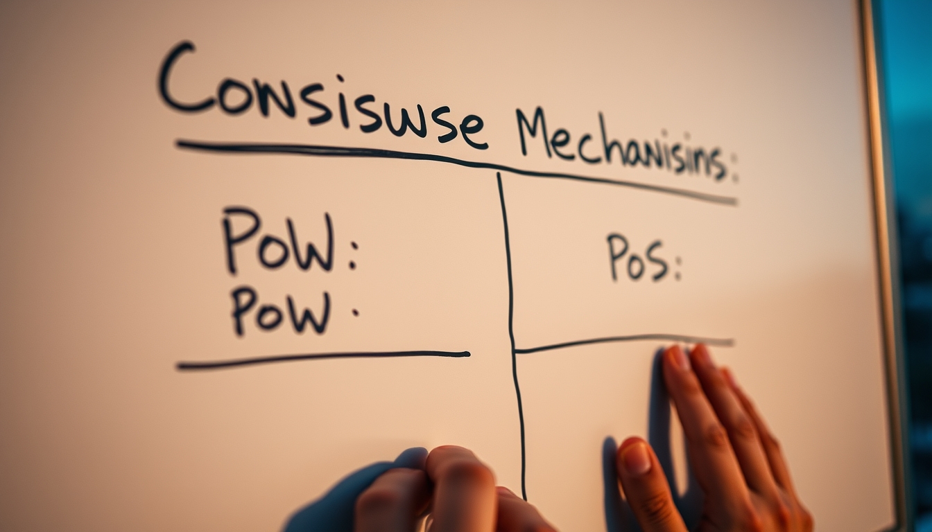 Diagrama de mecanismo de consenso em quadro branco mostrando PoW vs PoS em estilo editorial