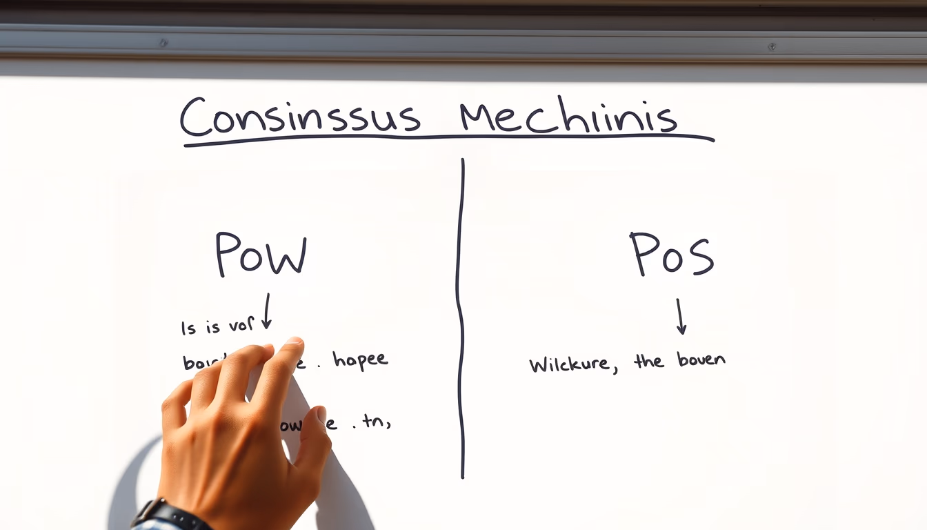 consensus mechanism diagram on whiteboard showing PoW vs PoS in editorial style
