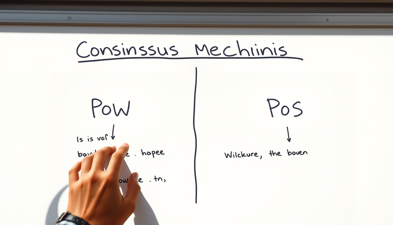 Diagrama de mecanismo de consenso em quadro branco mostrando PoW vs PoS em estilo editorial