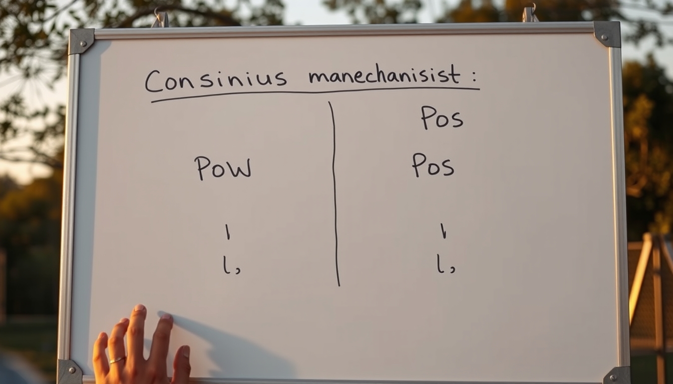 Diagrama de mecanismo de consenso em quadro branco mostrando PoW vs PoS em estilo editorial