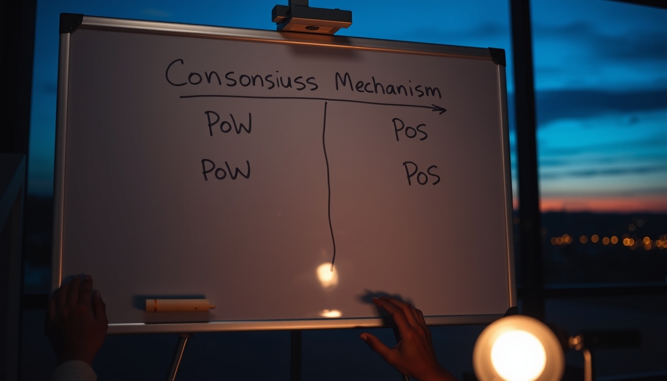 Diagrama de mecanismo de consenso em quadro branco mostrando PoW vs PoS em estilo editorial