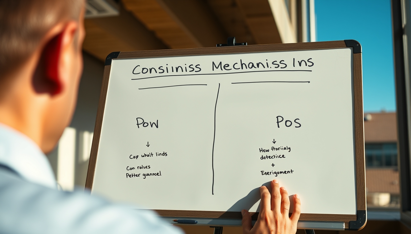 Diagrama de mecanismo de consenso em quadro branco mostrando PoW vs PoS em estilo editorial