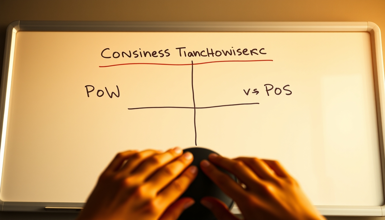 Diagrama de mecanismo de consenso em quadro branco mostrando PoW vs PoS em estilo editorial