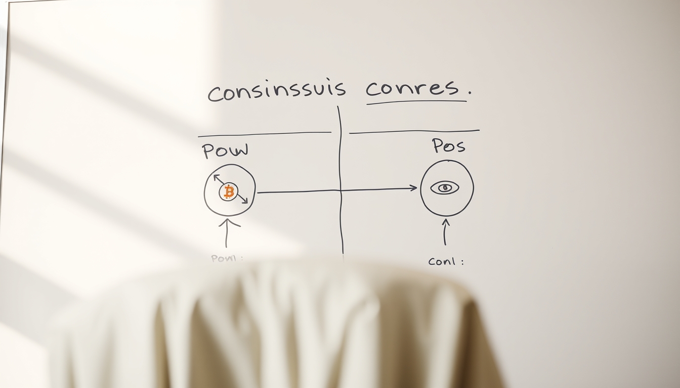 Diagrama de mecanismo de consenso em quadro branco mostrando PoW vs PoS em estilo editorial
