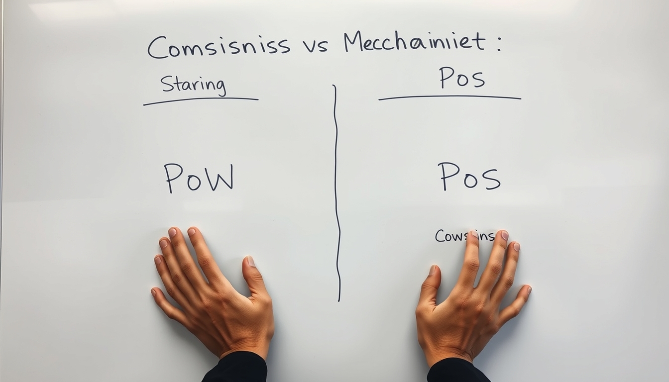 Diagrama de mecanismo de consenso em quadro branco mostrando PoW vs PoS em estilo editorial