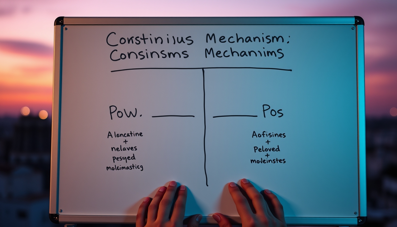 Diagrama de mecanismo de consenso em quadro branco mostrando PoW vs PoS em estilo editorial