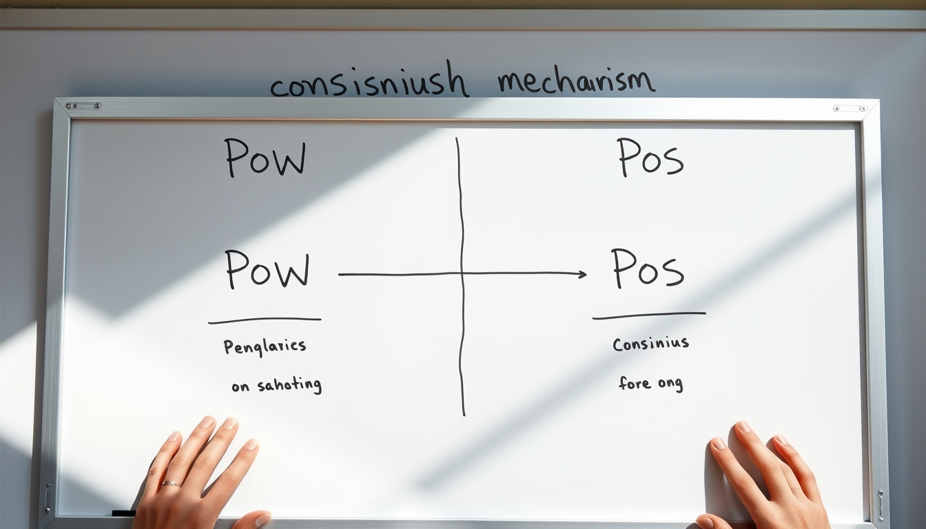Diagrama de mecanismo de consenso em quadro branco mostrando PoW vs PoS em estilo editorial