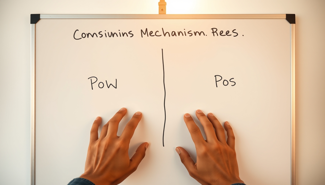 Diagrama de mecanismo de consenso em quadro branco mostrando PoW vs PoS em estilo editorial