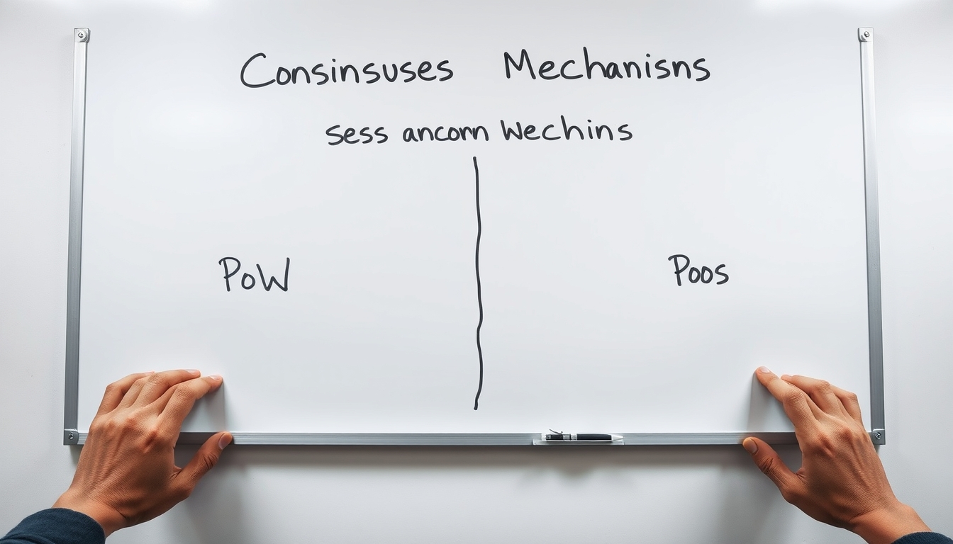 Diagrama de mecanismo de consenso em quadro branco mostrando PoW vs PoS em estilo editorial