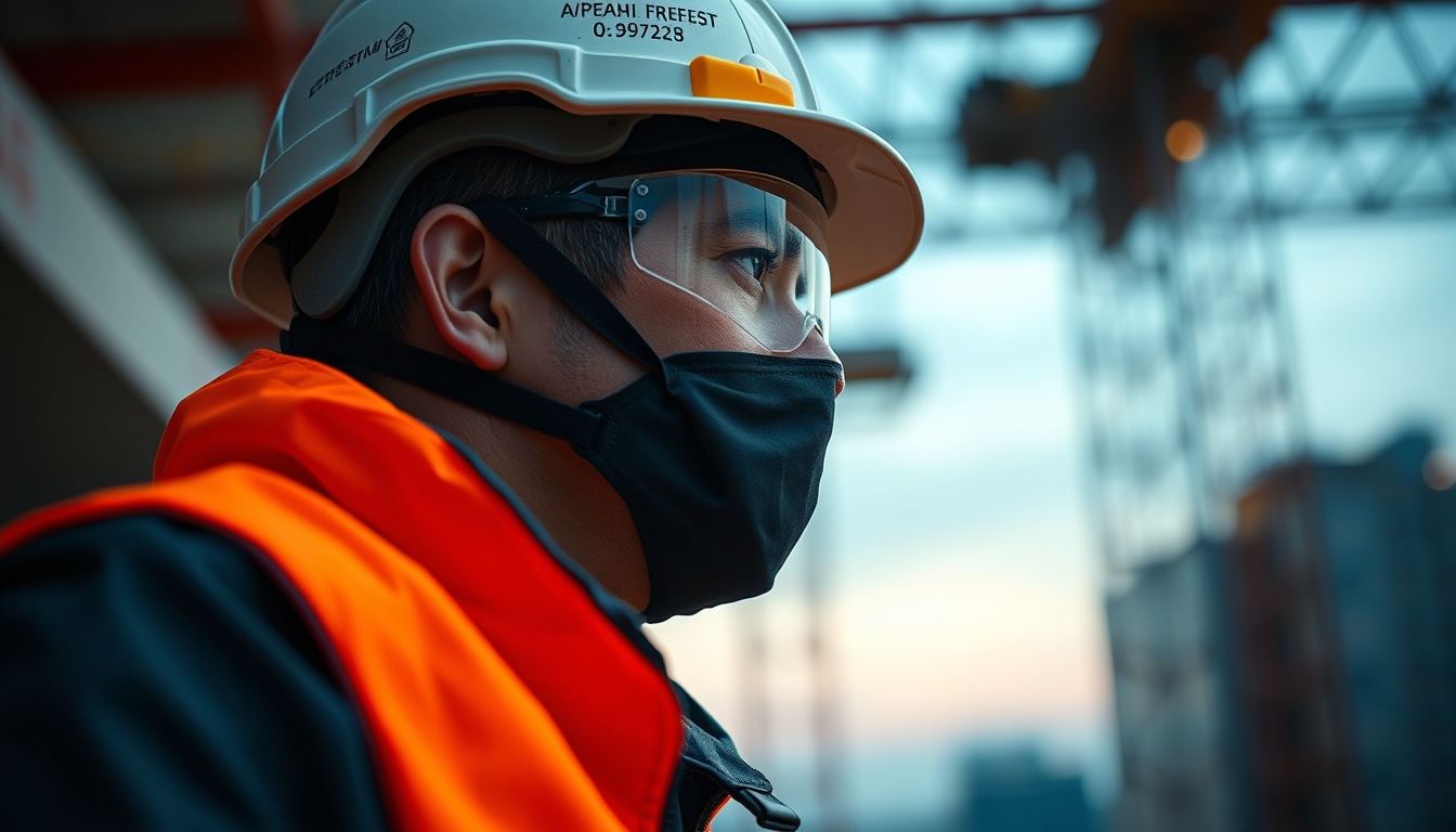 construction worker with full PPE on a São Paulo high-rise site in editorial style