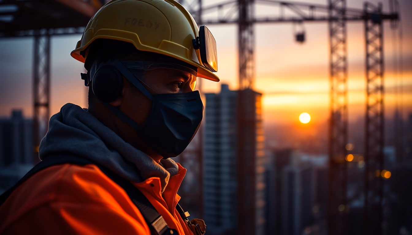 construction worker with full PPE on a São Paulo high-rise site in editorial style